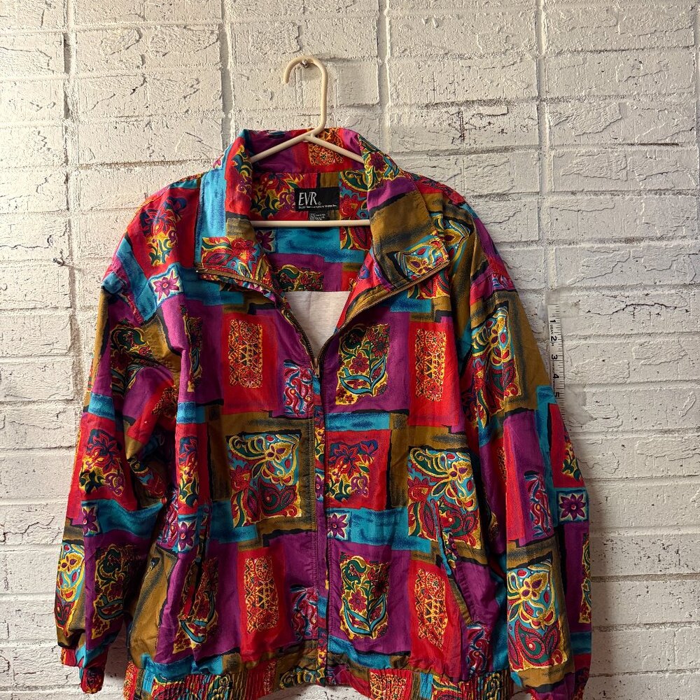 Vintage 80s 90s EVR Colorblock Patchwork Print Windbreaker Jacket XL Bright Boho